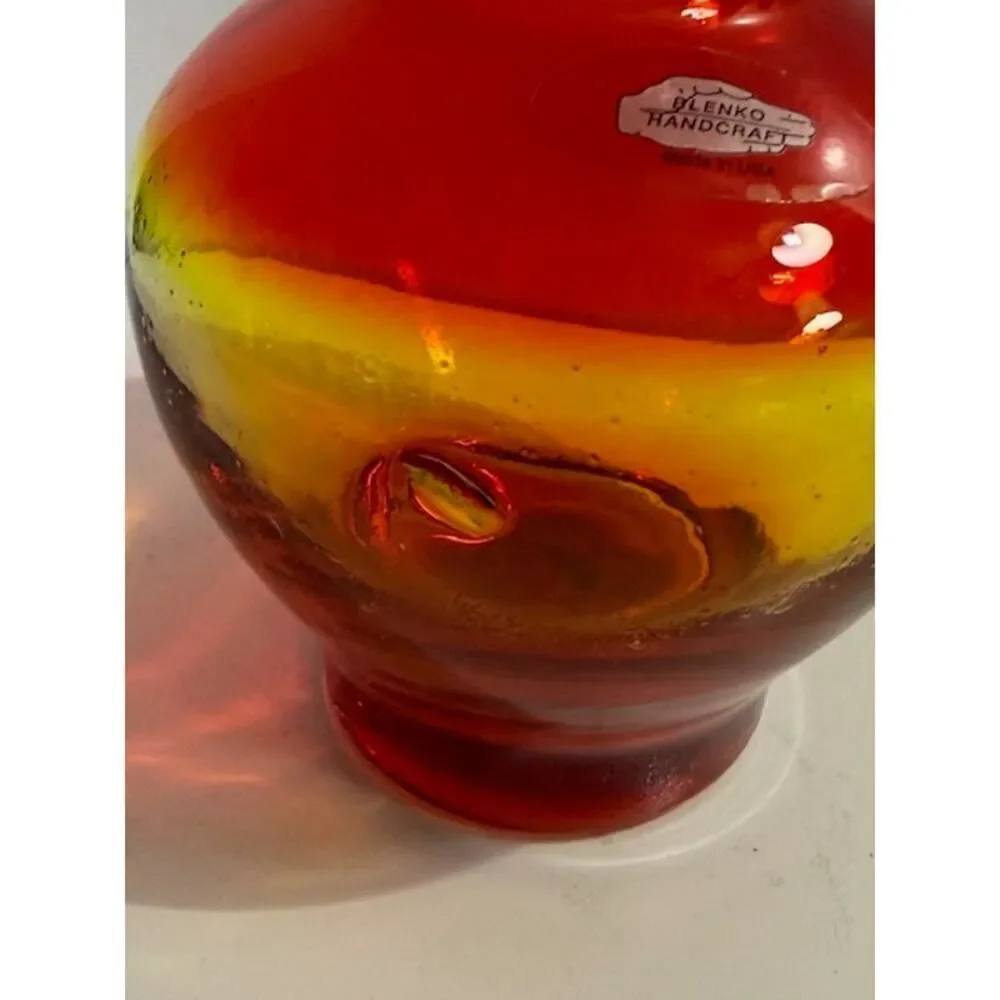 BLENKO Tangerine Amberina Blown Glass Vase Vintage Art Glass Sticker Signed